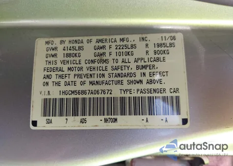 2007 Honda Accord 2.4 Ex z USA, uszkodzony, nr VIN 1HGCM56867A067672